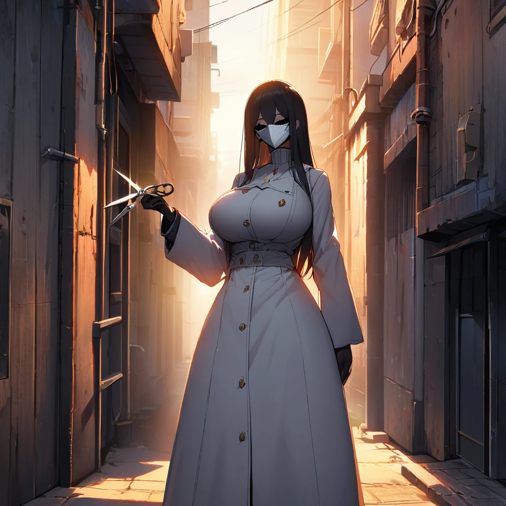 1girl,solo,long hair,black hair color,white mask,White coat,huge breasts,slender,Scissors in hand,high stature,tall person,setting sun,Alley with no people,