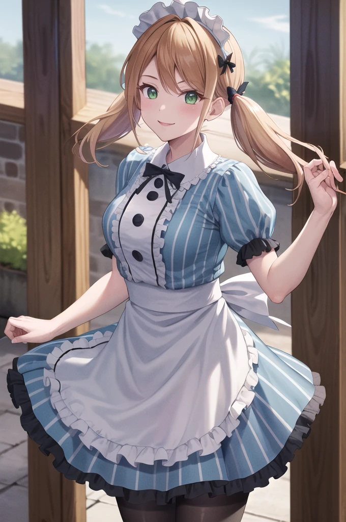 masterpiece, best quality, highres, 1girl, solo, blonde hair, low twintails, maid headdress, hair bow, green eyes, neck ribbon, frills, vertical stripes, blue dress, short sleeves, apron, black pantyhose, standing, cowboy shot, outdoors, smile