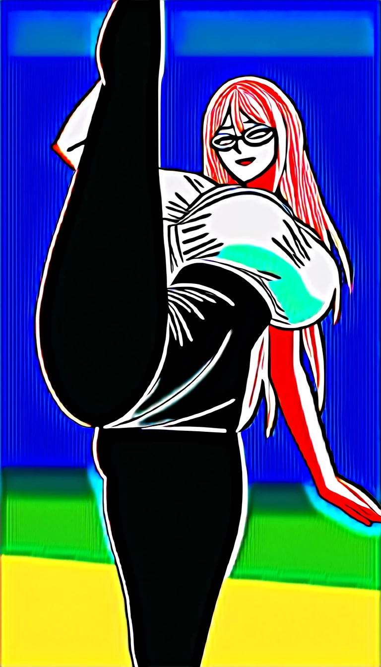 (highest quality: 1.2, Highly detailed, Latest, Vibrant, Super detail, Ultra-high resolution, High contrast, masterpiece: 1.2, highest quality, Best aesthetics, aya:0.9), alone, (1 woman), /( teacher/ ), (teacher), long hair, blonde hair, (red eyes: 1.3), long hair with brown highlights, thighs, black skirt,white shirt,sexy, cleavage, painted nails,thighs with tights, glasses, classroom, shake hands welcome, pink lips, heels, sexy thigh, detailed leg, dynamic angle, random pause, highly detailed face and skin texture, cowboy shot,marin kitagawa,look from below,thongs,pantyhose,seductive smile,one leg stand on chair, smiling , one leg up,red nails, large breasts , pantyhose, high res , high quality , leotard see through clothing,leotard clothing, leotard