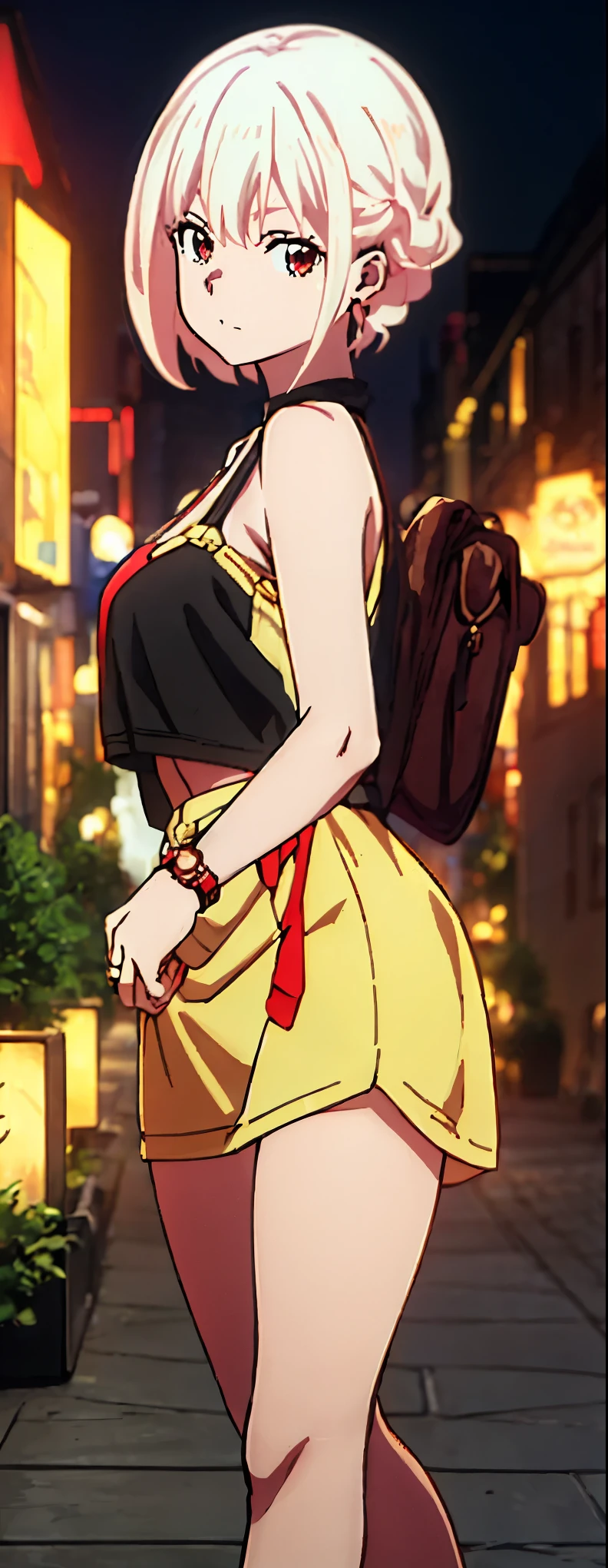 High resolution, High resolution,2D Anime Style,,Cool woman,Mature,,20th generation,short hair,Blonde,Red eyes,Beautiful Watches,Beautiful earrings,Street fashion,Walking,night,