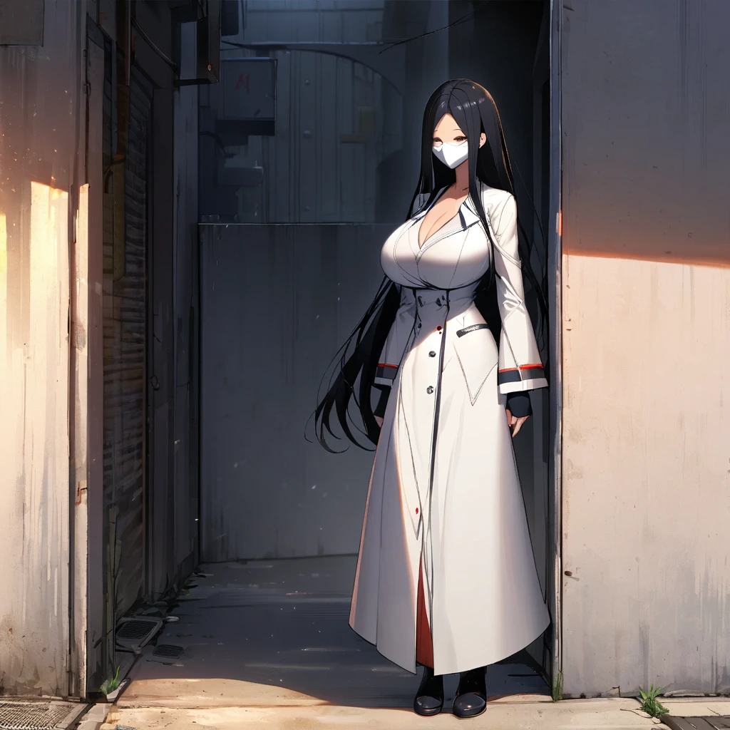 1girl,solo,long hair,black hair color,white mask,White coat,huge breasts,slender,high stature,tall person,setting sun,Alley with no people,