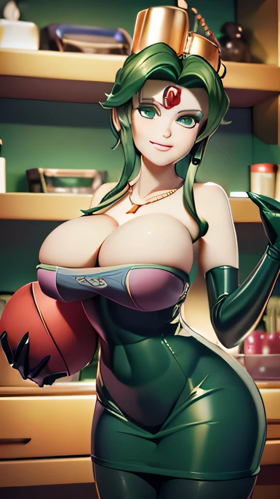 (masterpiece,best quality,ultra-delicate,Perfect Face,16k,high resolution,very beautiful woman), Atsugessho:1.3,deep green hair,blue latex bodycon dress, long latex gloves, green tights, (huge breasts,sensual pose), gold headpiece, pale blue skin, red gem on forehead, pink mist, ((cosmetics counter)), holding large red ball on rope, necklace, smirk, (extremely glossy),cowboy shot