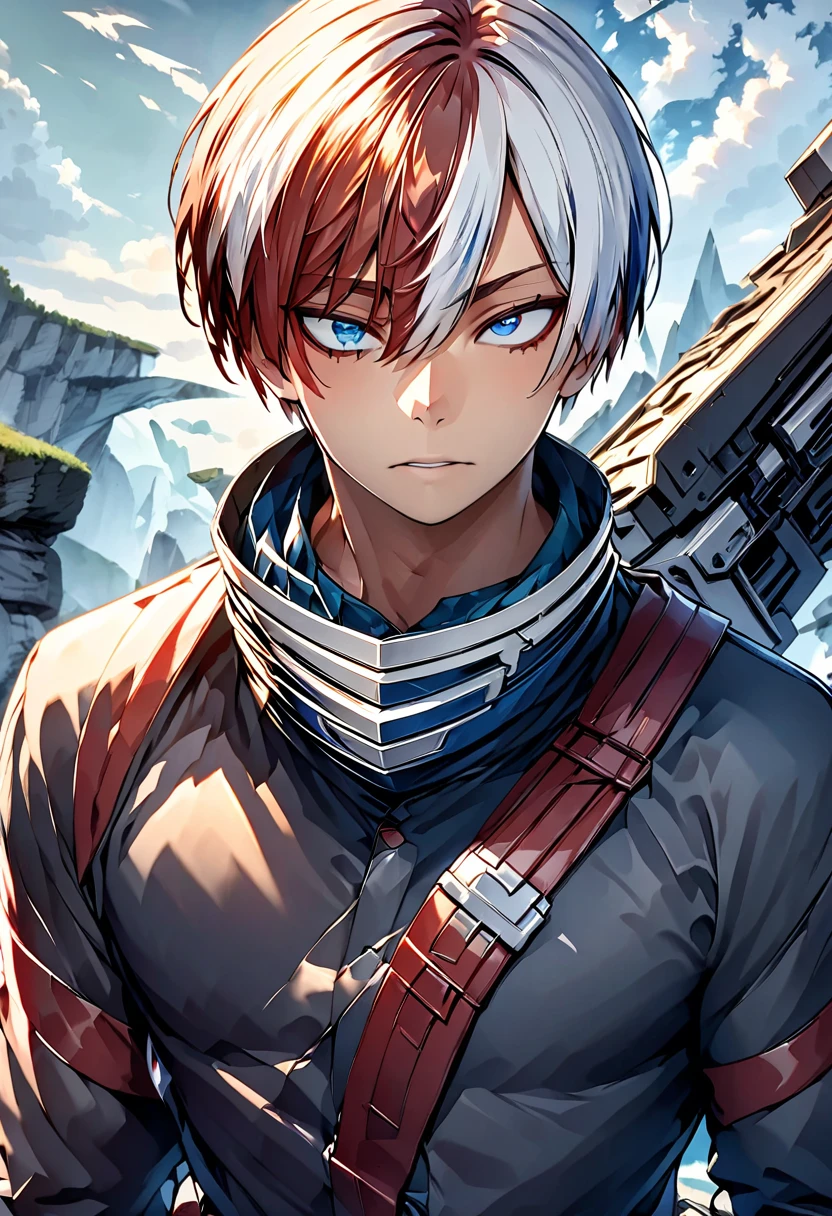 Ultra detailed, highres, absurdres, HDR, master piece, Todoroki Shouto, bicolor hair, right side is white, left side is red, heterochromia, right eye is grey, left eye is blue, detailed eyes, Boku No Hero Academia, fantasy, handsome, solo, best quality, blue clothes.