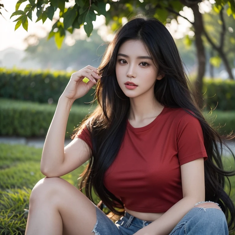 Frontal photo of Araffe woman, 25 30 years old, Old jeans torn, wearing a red shirt, dark yellow, Wear a black shirt., Dark Green, Looking straight at you intently, Long-haired woman with a round face, Red cheeksแดงอมชมพู, black eyes ตาสองชั้น, black eyes, Thai anime, Has a large chest size of 38 inches.,  woman with flowing black hair, Long black hair blows in the wind., long flowing black hair, she has black hair, Her black hair was long and wavy., beautiful black hair, Extra dark natural black hair, black long hair photo, Model with an attractive body, The shirt is tight., Looks hot., ,black eyes,abdominal muscles, rounded chest,photo-glowing face, (Red cheeks:1.6:), outdoor, The background is a rice field., There is an old thatched Thai-style hut in the background., The evening sun shines, beautiful female model, jaw-dropping beauty, Attractive face and body, realistic: Open the aperture wide., professional lighting, Sony A7R4, 50 mm sitting lens. 2 ; Warm light, (digital painting, HDR, high contrast (digital painting, HDR, high contrast), (Highest quality),(Masterpiece:1.3),(sharp focus:1.2:),
