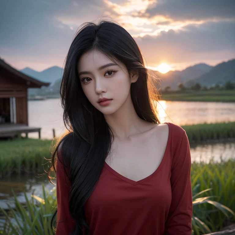 Frontal photo of Araffe woman, 25 30 years old, Old jeans torn, wearing a red shirt, dark yellow, Wear a black shirt., Dark Green, Looking straight at you intently, Long-haired woman with a round face, Red cheeksแดงอมชมพู, black eyes ตาสองชั้น, black eyes, Thai anime, Has a large chest size of 38 inches., woman with flowing black hair, Long black hair blows in the wind., long flowing black hair, she has black hair, Her black hair was long and wavy., beautiful black hair, Extra dark natural black hair, black long hair photo, Model with an attractive body, The shirt is tight., Looks hot., ,black eyes,abdominal muscles, rounded chest,photo-glowing face, (Red cheeks:1.6:), outdoor, The background is a rice field., There is an old thatched Thai-style hut in the background., The evening sun shines, beautiful female model, jaw-dropping beauty, Attractive face and body, realistic: Open the aperture wide., professional lighting, Sony A7R4, 50 mm sitting lens. 2 ; Warm light, (digital painting, HDR, high contrast (digital painting, HDR, high contrast), (Highest quality),(Masterpiece:1.3),(sharp focus:1.2:),
