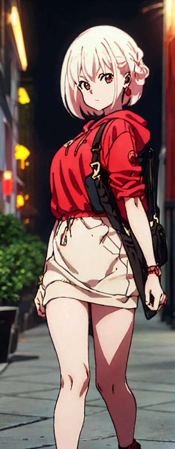 High resolution, High resolution,2D Anime Style,,Cool woman,Mature,,20th generation,short hair,Blonde,Red eyes,Beautiful Watches,Beautiful earrings,Street fashion,hoodie,Walking,night,