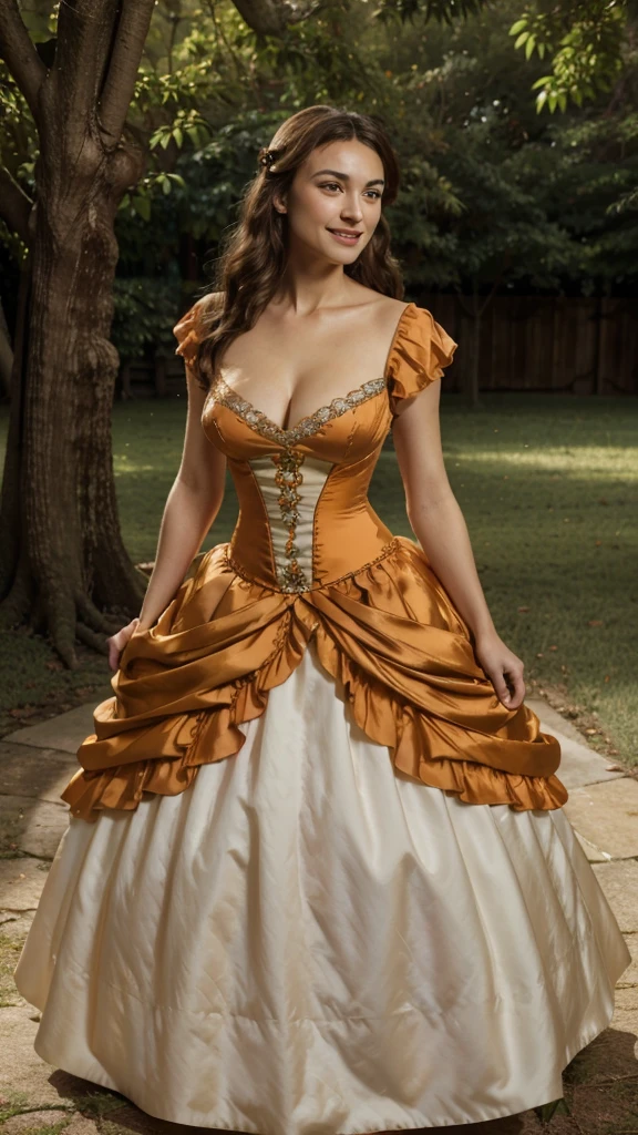 Masterpiece, absurdres, fine detail, HDR, highly detailed face and eyes, photorealistic, smiling, open mouth excited,ballgown, keira knightley in a orange and white silk dress standing in front of a tree , wearing a ballgown,big breasts, detailed face, long eyelashes, colorful eye shadow, colorful makeup, 4k,8k,very tiny waist,full body photography