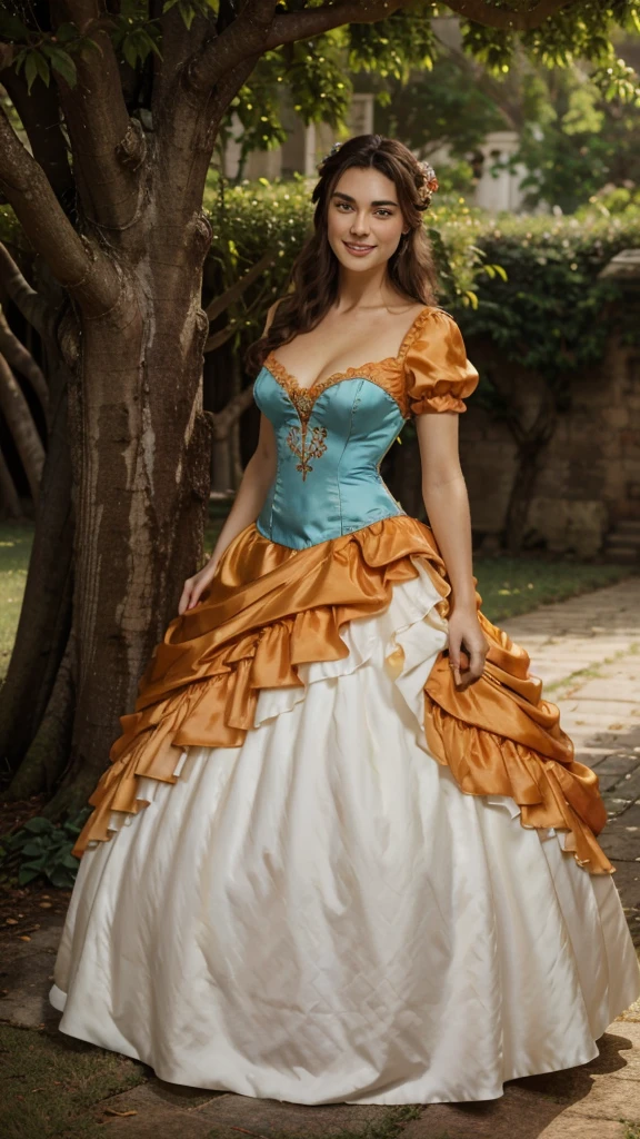 Masterpiece, absurdres, fine detail, HDR, highly detailed face and eyes, photorealistic, smiling, open mouth excited,ballgown, keira knightley in a orange and white silk dress standing in front of a tree , wearing a ballgown,big breasts, detailed face, long eyelashes, colorful eye shadow, colorful makeup, 4k,8k,very tiny waist,full body photography 