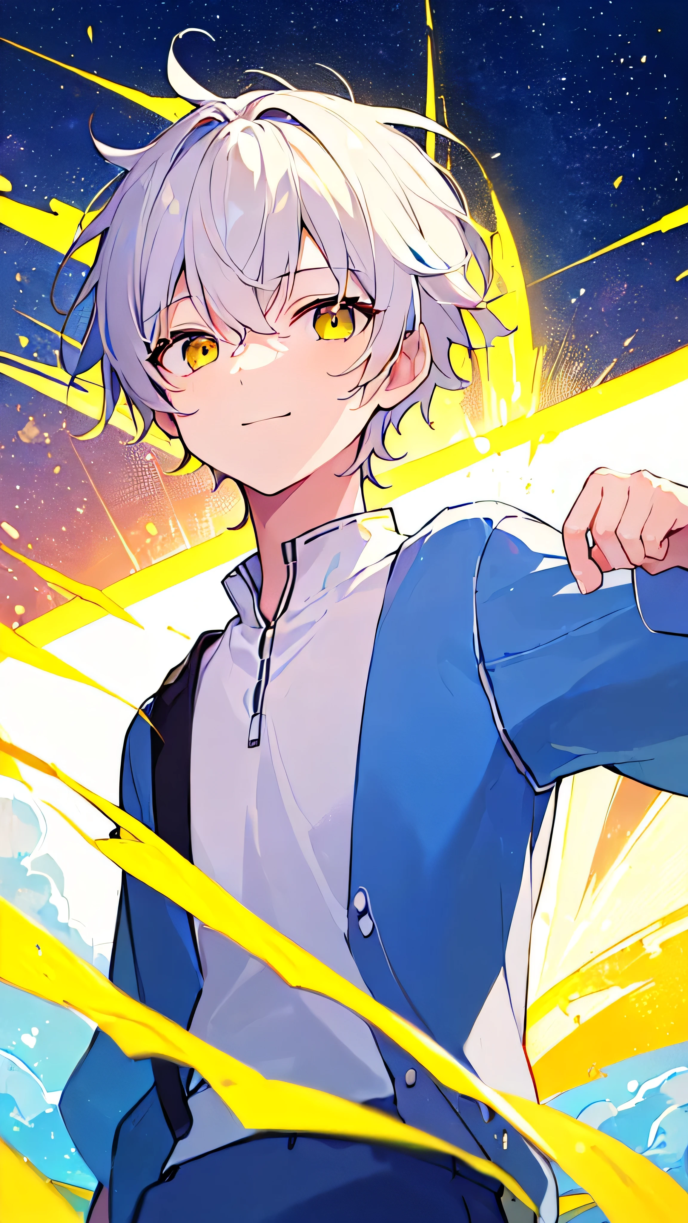 [(GALAXY BACKGROUND:1.5),::5], ((((masterpiece)))), high quality, very_high_resolution, large_filesize, upper body, full color, ((Solo)), (( boy)), 13 oldn's short white hair)), vivid color, ((yellow eye)), Summer clothes white, animestyle, light smile, (SODA EFFECT:1.3)