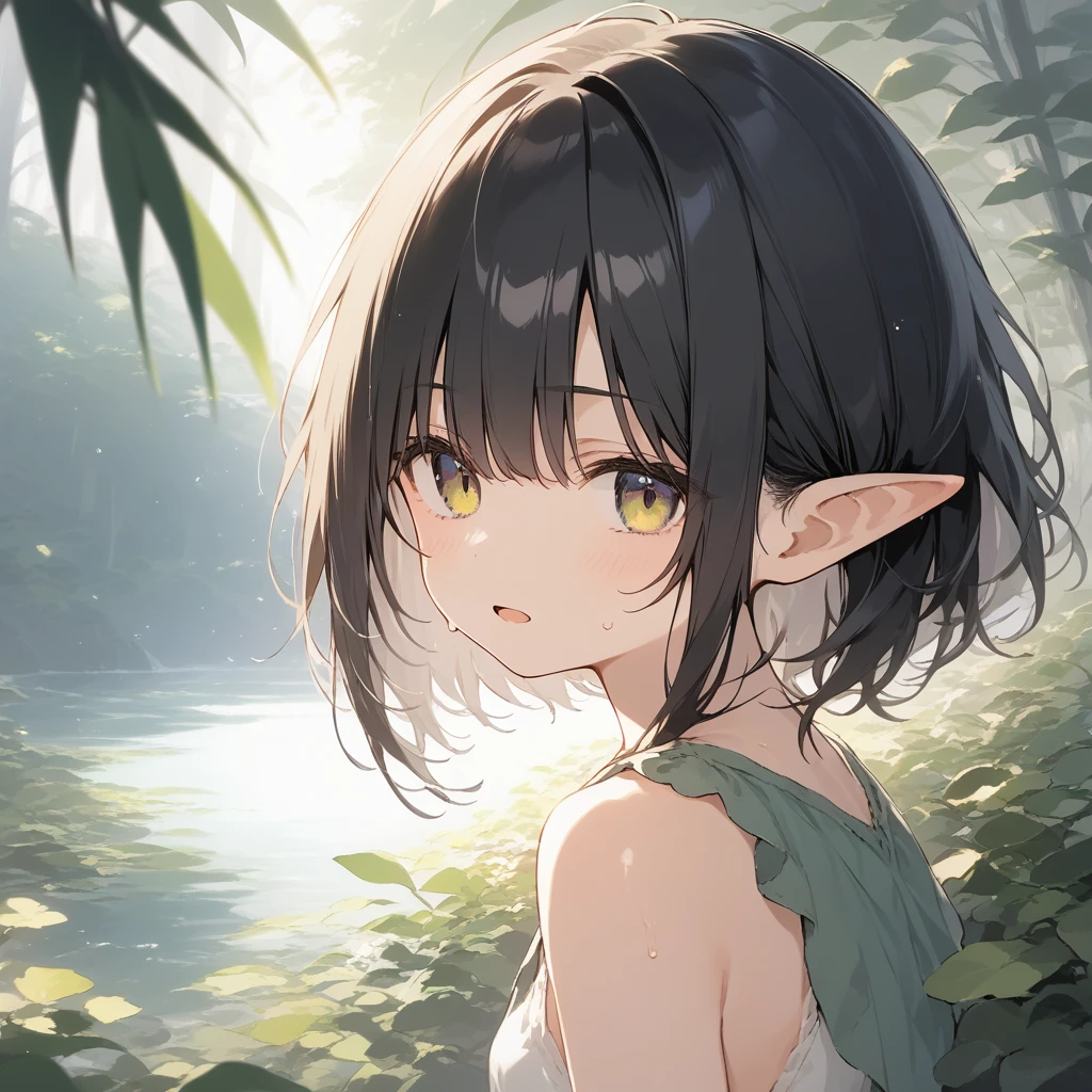 score_9, score_8_up, score_7_up, source_anime, best quality, masterpiece, official art, absurdres, highres, ultra-detailed,waifu2x,Collection: Slice of Life,break,1girl, elf, short hair, slender, androgynous,expressionless, small breasts, beautiful detailed eyes, green shorts, sweat, open mouth, sleepily, outdoors, forest, spring,break,(clear line illustration:1.2), super detailed skin,very high resolution, very aesthetic, Best sexual lighting powered by famous artist, 8k,cute picture,beauty illustration,photoshop_(medium),,(Detailed Lighting),best anime 8k konachan wallpaper, pixiv contest winner, 