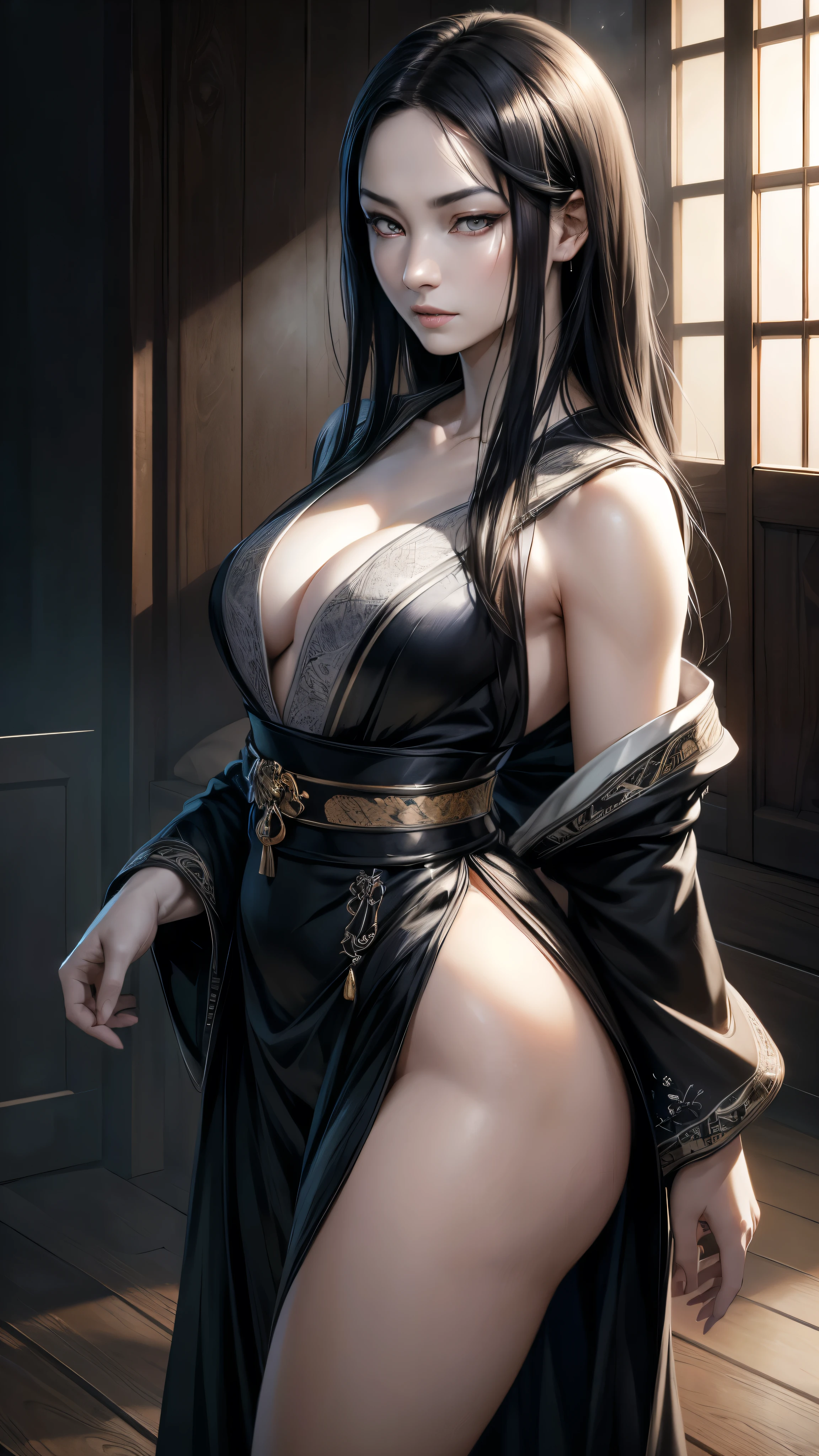 a Japanese woman of striking beauty and unparalleled elegance, She has long black hair with a bluish shine, ((silver eyes 1.1)), and flawless pale skin, highly detailed and expressive face, (best quality,4k,8k,highres,masterpiece:1.2),ultra-detailed,(realistic,photorealistic,photo-realistic:1.37),portrait,concept art,dramatic lighting,vivid colors,intricate details, (Avoid deformed and poorly drawn eyes)