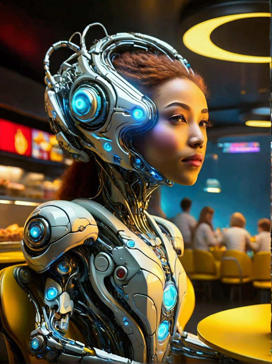 Best quality，8K，high resolution，masterpiece，Ultra Detailed，lifelike，Photorealism，future world，(Vision:1.5)，(A luxurious fast food restaurant on the moon:1.2), (Cyborg female employee:1.5)，(apron)，(Fast food restaurant staff uniforms:1.3)，Transparent Mecha，Cyberpunk cyborg woman，doll，Beautiful meticulous eyes，Beautiful delicate lips，Extremely detailed eyes and face，Long eyelashes，Physically Based Rendering，Extremely detailed description，Ultra-detailed paintings，Futuristic interior decoration，Neon，Sharp focus，Vibrant colors，Science Fiction，Concept Art，High-tech atmosphere，Studio Lighting，HDR，Ultra HD，Bokeh