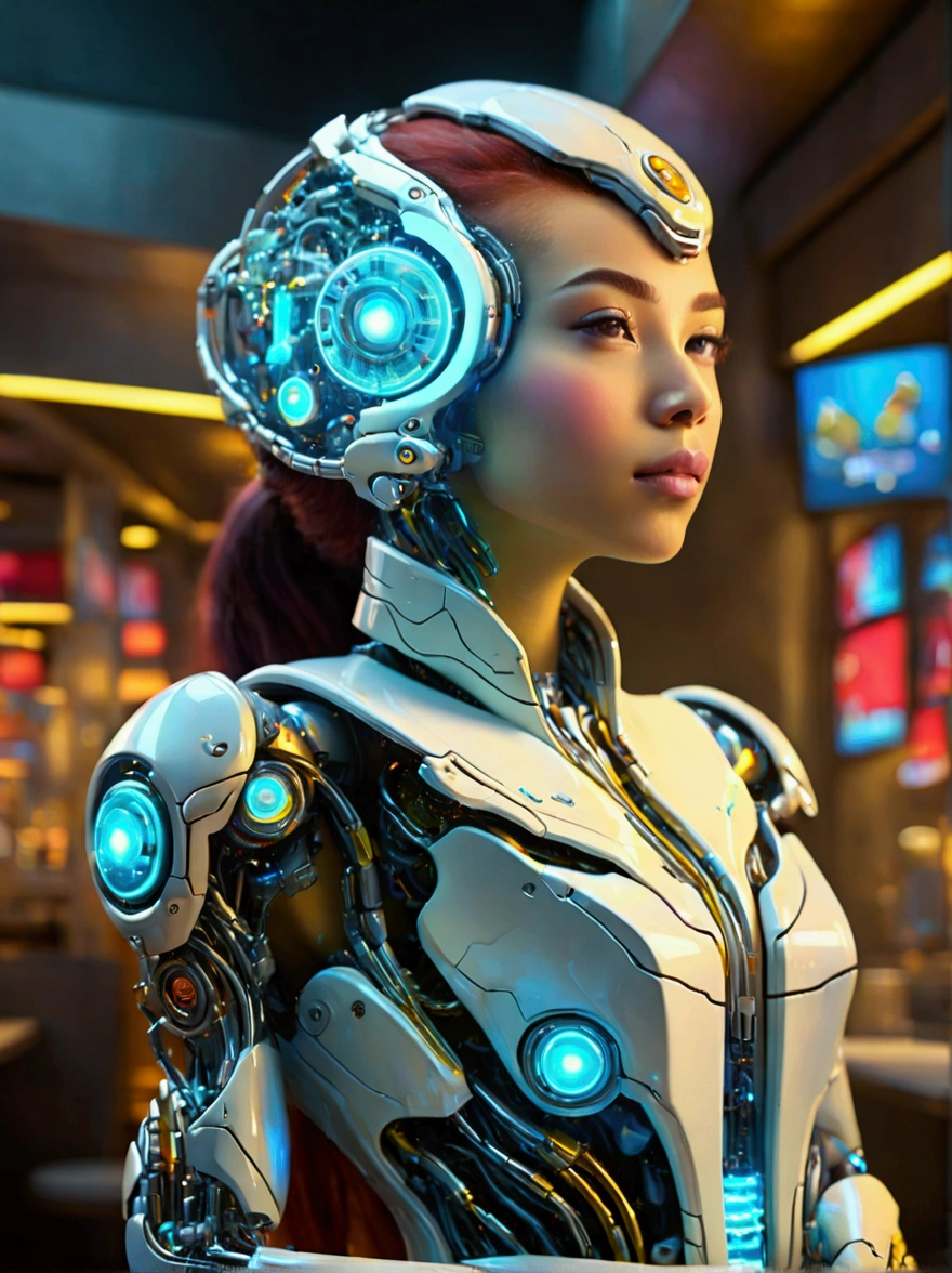 Best quality，8K，high resolution，masterpiece，Ultra Detailed，lifelike，Photorealism，future world，(Vision:1.5)，(A luxurious fast food restaurant on the moon:1.2), (Cyborg female employee:1.5)，(apron)，(Fast food restaurant staff uniforms:1.3)，Transparent Mecha，Cyberpunk cyborg woman，doll，Beautiful meticulous eyes，Beautiful delicate lips，Extremely detailed eyes and face，Long eyelashes，Physically Based Rendering，Extremely detailed description，Ultra-detailed paintings，Futuristic interior decoration，Neon，Sharp focus，Vibrant colors，Science Fiction，Concept Art，High-tech atmosphere，Studio Lighting，HDR，Ultra HD，Bokeh