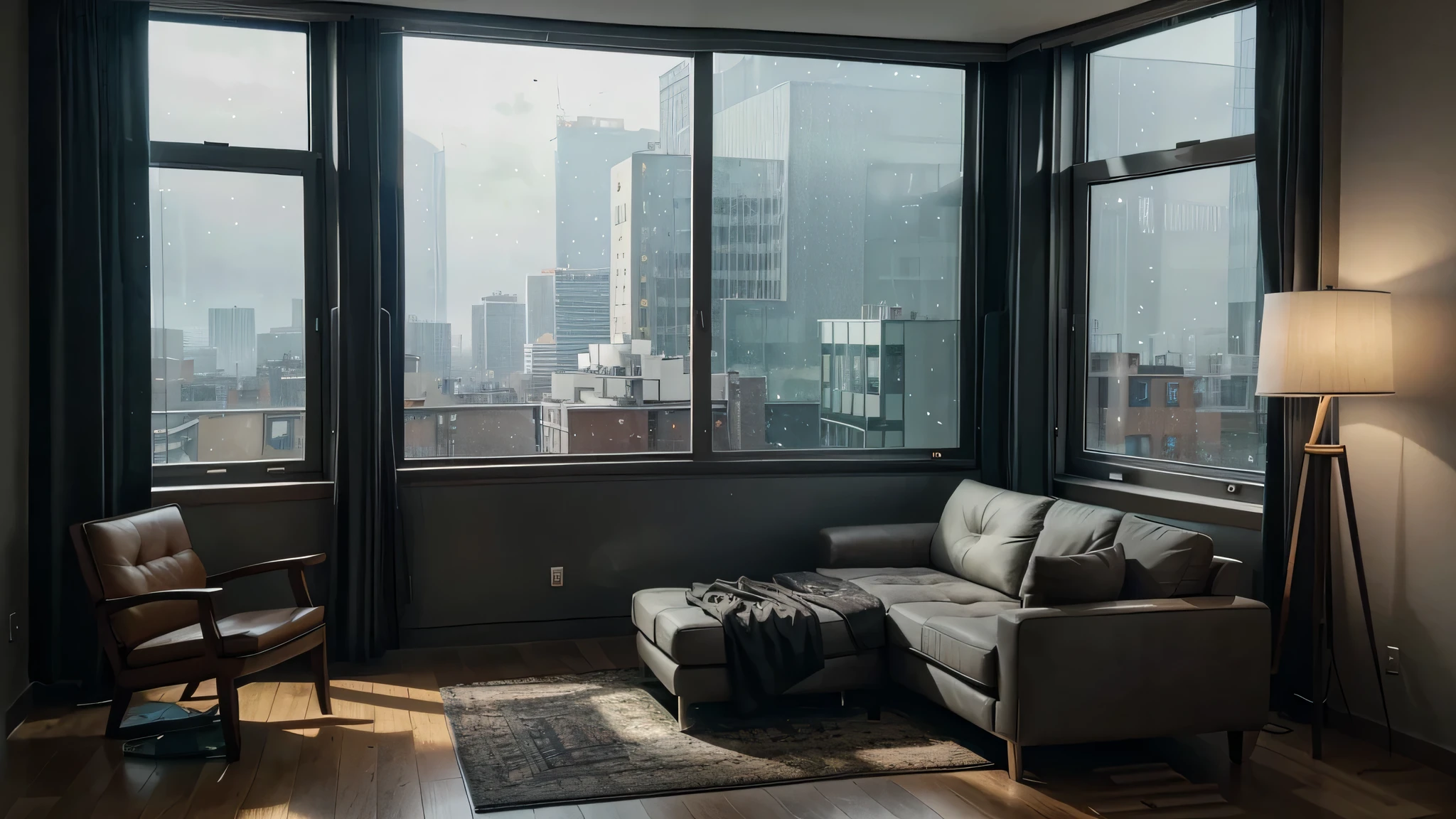 Panoramic view of the living room,Large windows overlooking the city, Matte inspired by Evgeny Lushpin, Unsplash Contest Winners, The art of math, Relaxation time. beautiful landscape, Luxurious environment, Comfortable place, Comfortable atmosphere, Luxury Apartment, bladerunner apartment, Cyberpunk bedroom at night, Comfortable room, comfortable environment, comfortable environment, Comfortable atmosphere,There is snow outside the floor-to-ceiling glass window