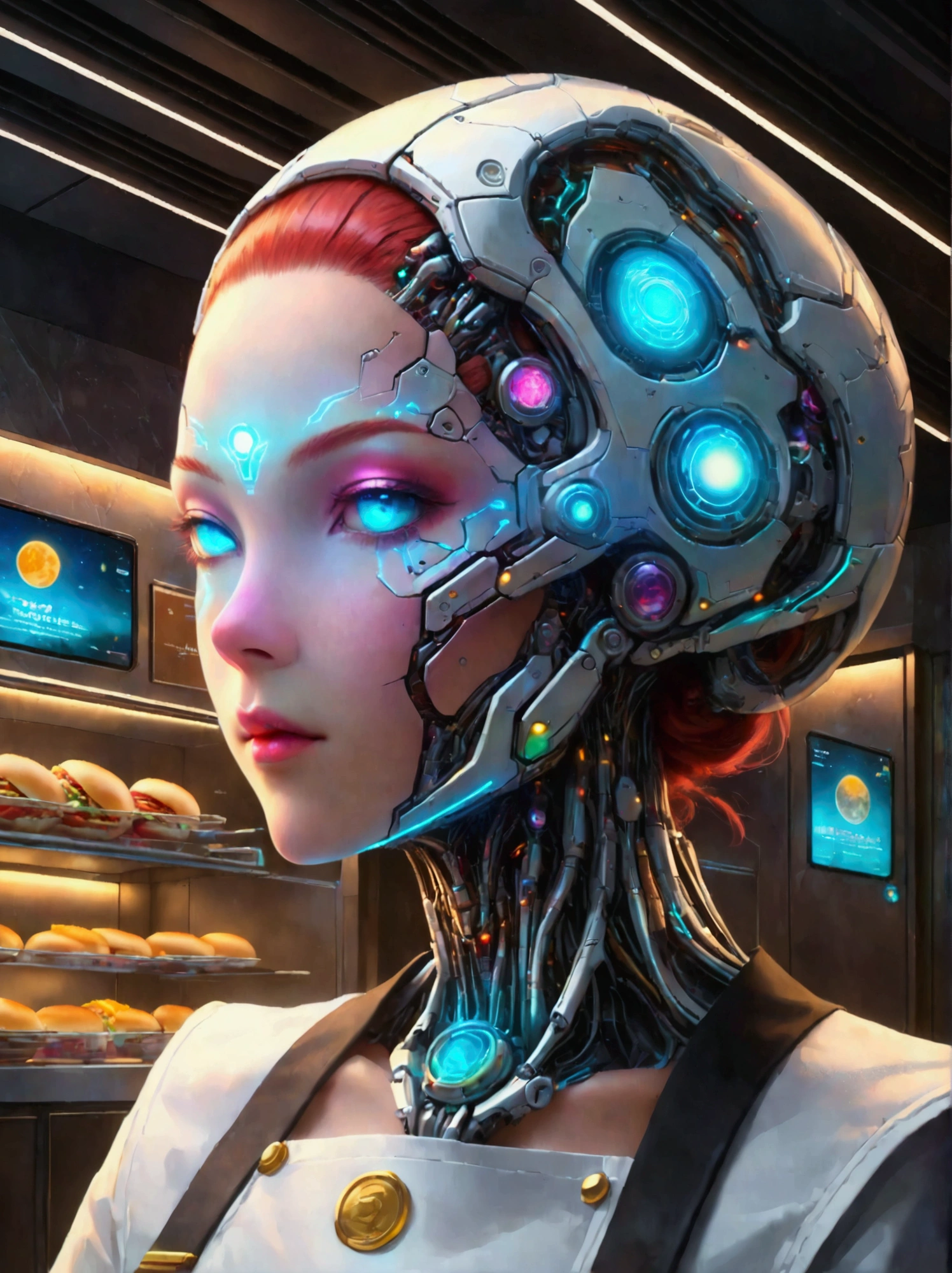 Best quality，8K，high resolution，masterpiece，Ultra Detailed，lifelike，Photorealism，future world，(Vision:1.5)，(A luxurious fast food restaurant on the moon:1.2), (Cyborg female employee:1.5)，(apron)，(Fast food restaurant staff uniforms:1.3)，Transparent Mecha，Cyberpunk cyborg woman，doll，Beautiful meticulous eyes，Beautiful delicate lips，Extremely detailed eyes and face，Long eyelashes，Physically Based Rendering，Extremely detailed description，Ultra-detailed paintings，Futuristic interior decoration，Neon，Sharp focus，Vibrant colors，Science Fiction，Concept Art，High-tech atmosphere，Studio Lighting，HDR，Ultra HD，Bokeh