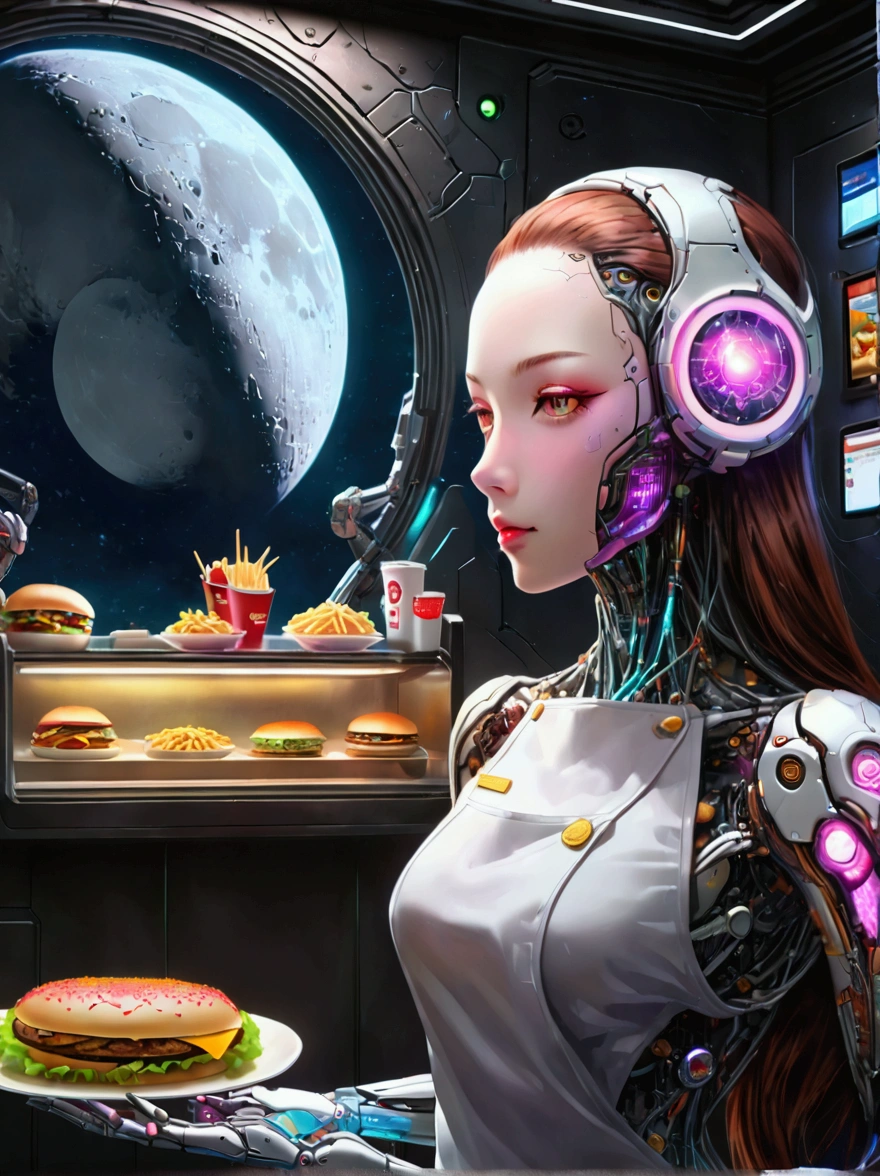 Best quality，8K，high resolution，masterpiece，Ultra Detailed，lifelike，Photorealism，future world，(Fast food restaurant cyborg female employee on the moon:1.5)，(apron)，(Fast food restaurant staff uniforms)，Transparent Mecha，Cyberpunk cyborg woman，doll，Beautiful meticulous eyes，Beautiful delicate lips，Extremely detailed eyes and face，Long eyelashes，Physically Based Rendering，Extremely detailed description，Ultra-detailed paintings，Futuristic interior decoration，Neon，Sharp focus，Vibrant colors，Science Fiction，Concept Art，High-tech atmosphere，Studio Lighting，HDR，Ultra HD，Bokeh