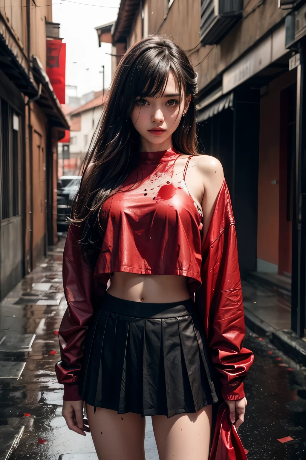 masterpiece, best quality, looking at viewer, facing viewer, bare legs, 1girl, solo, upper body, bow, serafuku, disgusted face, night time, heavy rain, outdoors, city, crop top, navel, wet clothes, drenched, overly long sleeves, hands in sleeves, blood tears, blood marks, dark alleyway, blood splattered on the ground, red bright light, glowing eyes, depth of field,holding a knife,red sky, atmofer,perfect hands