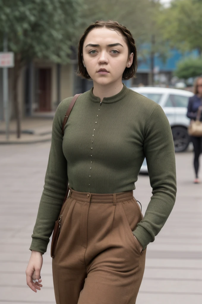 Maisie Williams As African American  white woman, cornrows braided hair, face, walking at street, muscled physics, 