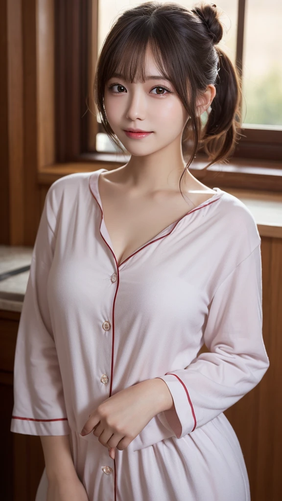 masutepiece, Best Quality, Illustration, Ultra-detailed, finely detail, hight resolution, 8K Wallpaper, Perfect dynamic composition, Beautiful detailed eyes,  Natural Lip, Cute pajamas, Small breasts, Random sexy poses,Bun hair,Raw photo,cute🩷,ssmile