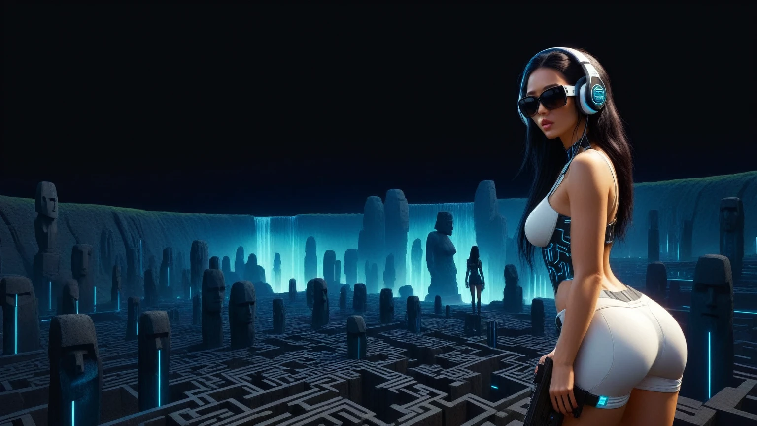 C7b3rp0nkStyle, dark night, prehistoric maze mysterial garden, moai statue, waterfall, cyberpunk, sci-fi, futuristic, tech. (((((1girl, solo, alone))))), medium-breast:1.1 slim body, cleavage, sexy clothes, (headphone, black sunglasses, long black realistic hair), (((hip-up standing and holding pistol))), half-body thigh level medium shot, cinematic lighting, lens flare, ray tracing.