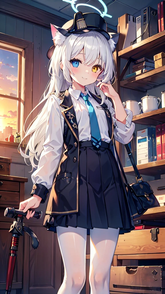 White pantyhose，White hair，Smile，Long hair，Cat ear，Heterochromia（Left blue right yellow），Female face，There are bright spots in the eyes，flat chest，blue halo，Alone，Gear room，Sunset，Steampunk，hat，Portable tools，At work