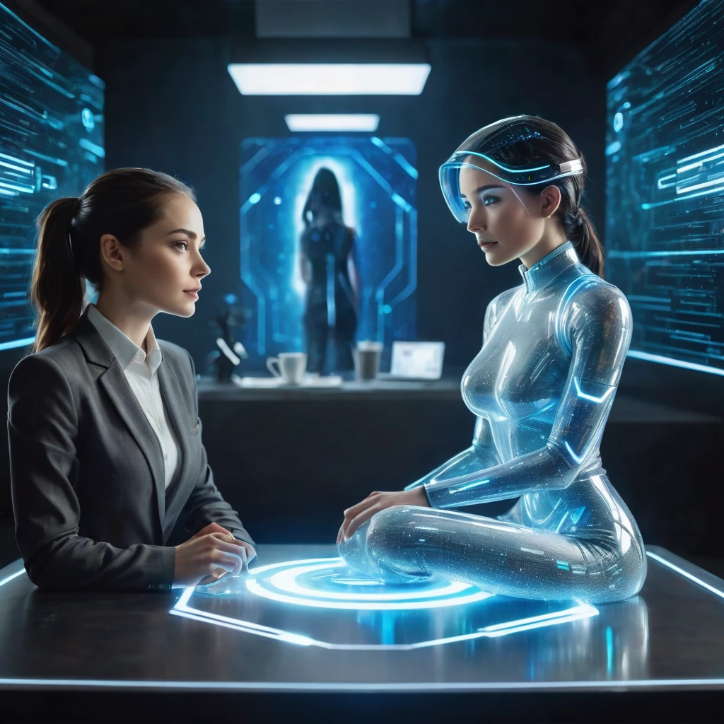 beautiful woman sitting at a table with a hologram girl in front of her, endless collaboration with ai, ai producing the realist, the coming ai singularity, data holograms, strong artificial intelligence, ai researcher, artificial intelligence, computers and holograms, future coder man looking on, depicted as a scifi scene, the image is futuristic, with ai theme, the hologram girl is transparent