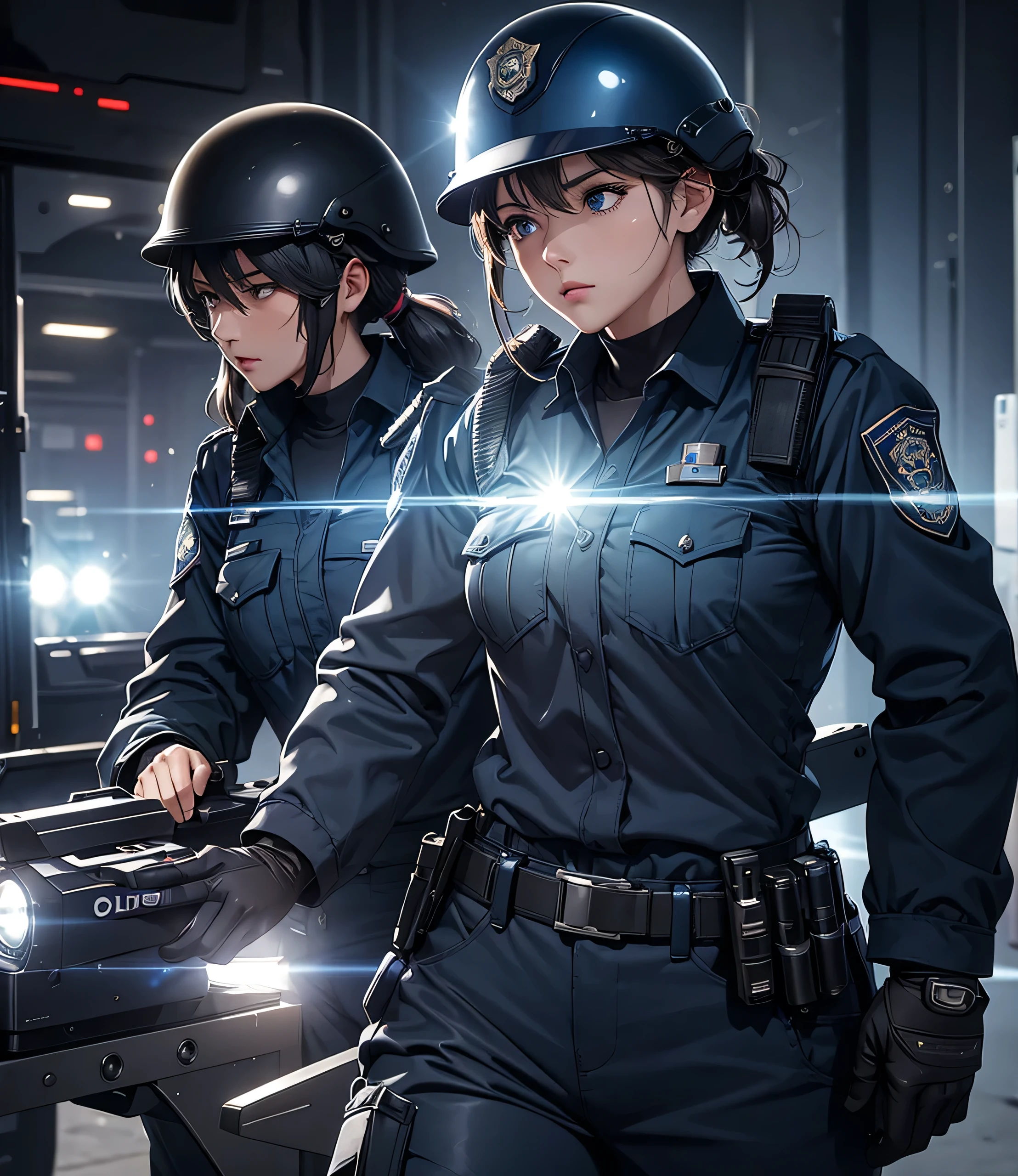 a group of female police officers in dark blue uniforms, wearing helmets, military pants, and tactical gear, writing detailed information, masterpiece, best quality, highly detailed CG, 8K, theatrical lighting, lens flare