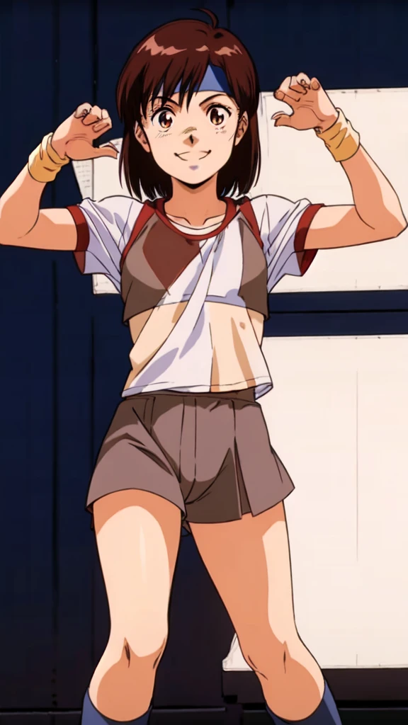 masterpiece,Highest quality,alone,
View your viewers,smile,Open your mouth,
norikotakaya,One girl,
Medium Hair,Brown Hair,Brown eyes,
head band,
Short sleeve,Leotards worn under clothing,
Wristband,