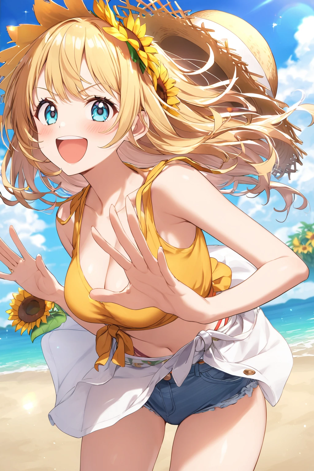 best quality, masterpiece, highres, solo, {enome_futokunoguild:1.15}, blonde_hair, long_hair, blush, blue_eyes, open_mouth, ((beach)),((bikini,)) (nagatiti,gigantic breasts:1.3), 1girl, hair_bun, single_hair_bun, smile, :d, looking_at_viewer, coyboy shot