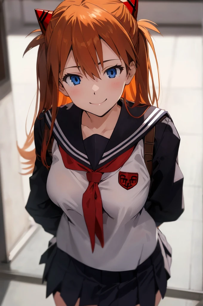 asuka, blue eyes, orange hair,,, serafuku,uniform,miniskirt
(best quality, masterpiece, RAW photo,ultra-detailed:1.2), 1girl,solo,looking at viewer,smile,