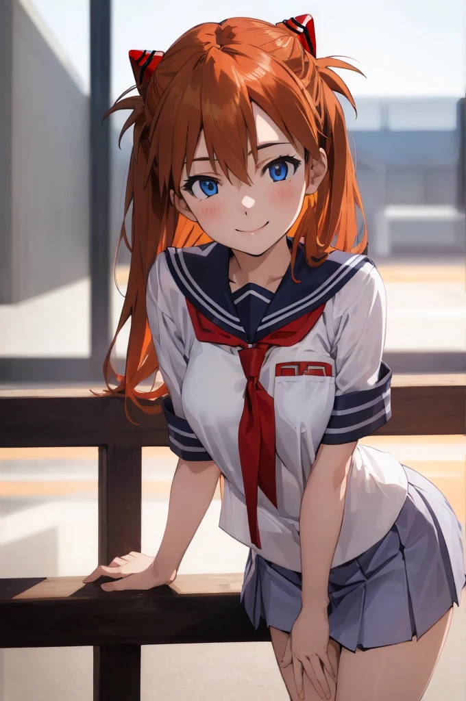 asuka, blue eyes, orange hair,,, serafuku,uniform,miniskirt
(best quality, masterpiece, RAW photo,ultra-detailed:1.2), 1girl,solo,looking at viewer,smile,