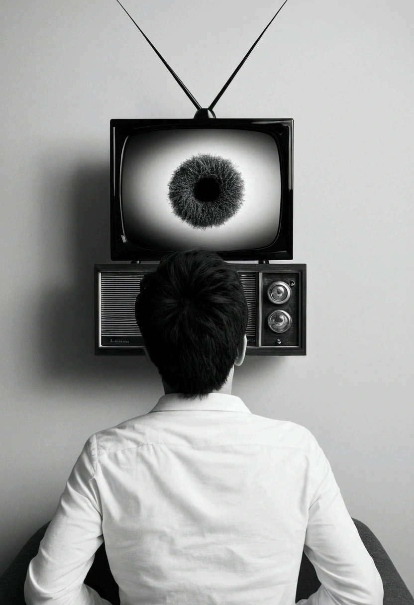 one person'The head turns into a complicated black and white TV,Black and white photo album cover,Minimalist fuzzy style