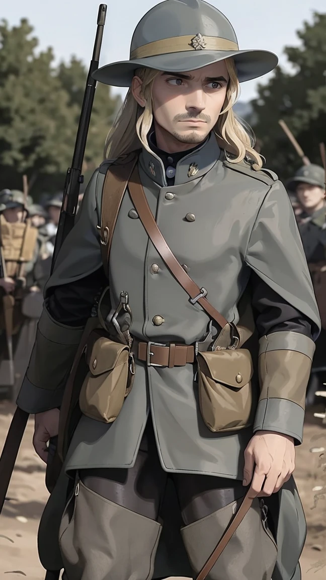 (masterpiece), best quality, expressive eyes, perfect face, All quiet on western Front, man, trenches, dirty, uniform, realistic, HD, Rifle, Orlando Bloom, big bag, French army, regiment, France, defending position, pov, Far view, shot, shooting, fighting