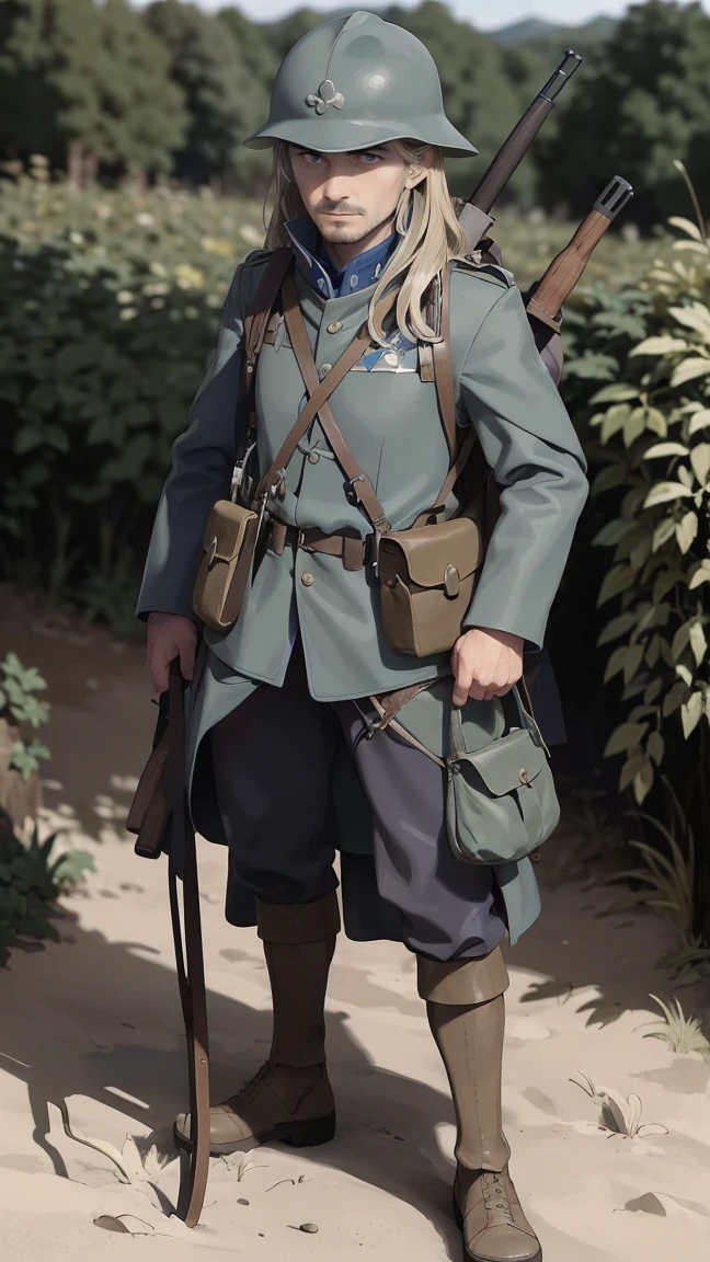 (masterpiece), best quality, expressive eyes, perfect face, All quiet on western Front, man, trenches, dirty, uniform, realistic, HD, Rifle, Orlando Bloom, big bag, French army, regiment, France, defending position, pov, Far view, shot, shooting, fighting