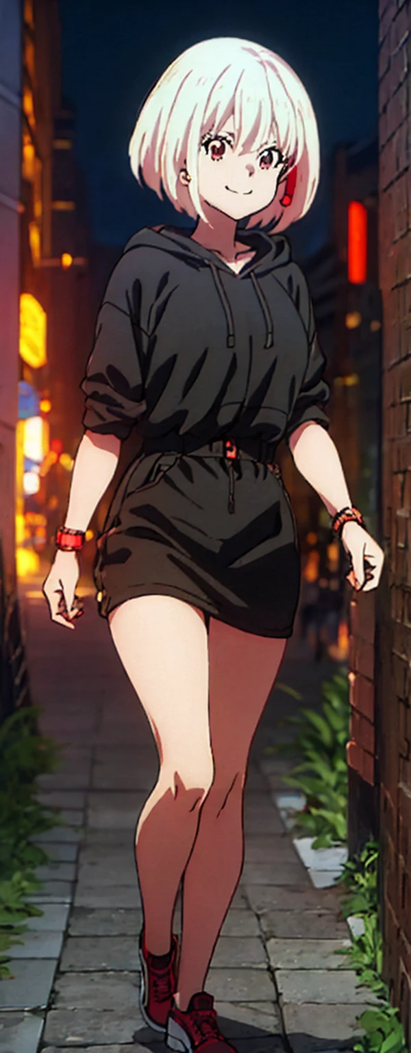 High resolution, High resolution,2D Anime Style,,Cool woman,Mature,,20th generation,short hair,Blonde,Red eyes,Beautiful Watches,Beautiful earrings,Street fashion,hoodie,Smiling,Walking,night,