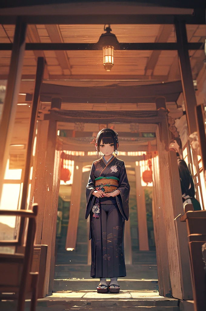 Girls under 8 years old, Height under 100, kimono, Small breasts, Patterned cotton panties, Fabric Real, Black Hair, kimono, Old shrine