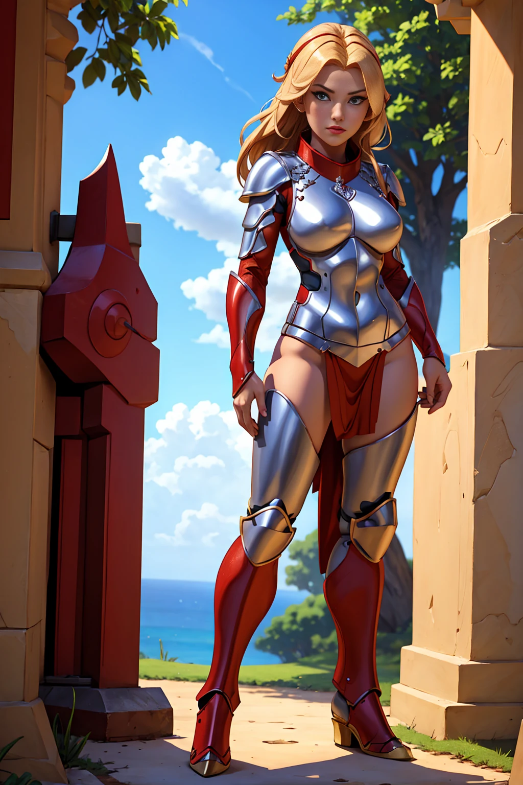 ((Full body photo, standing, feet on the floor))  a woman in a red and silver outfit standing in front of a tree, bikini armor female knight, gorgeous female paladin, lady in red armor, female paladin, extremely detailed artgerm, armor girl, commission for high res, portrait of female paladin, red armor, bikini armor, bikini-armor, a sexy blonde warrior, fantasy paladin woman