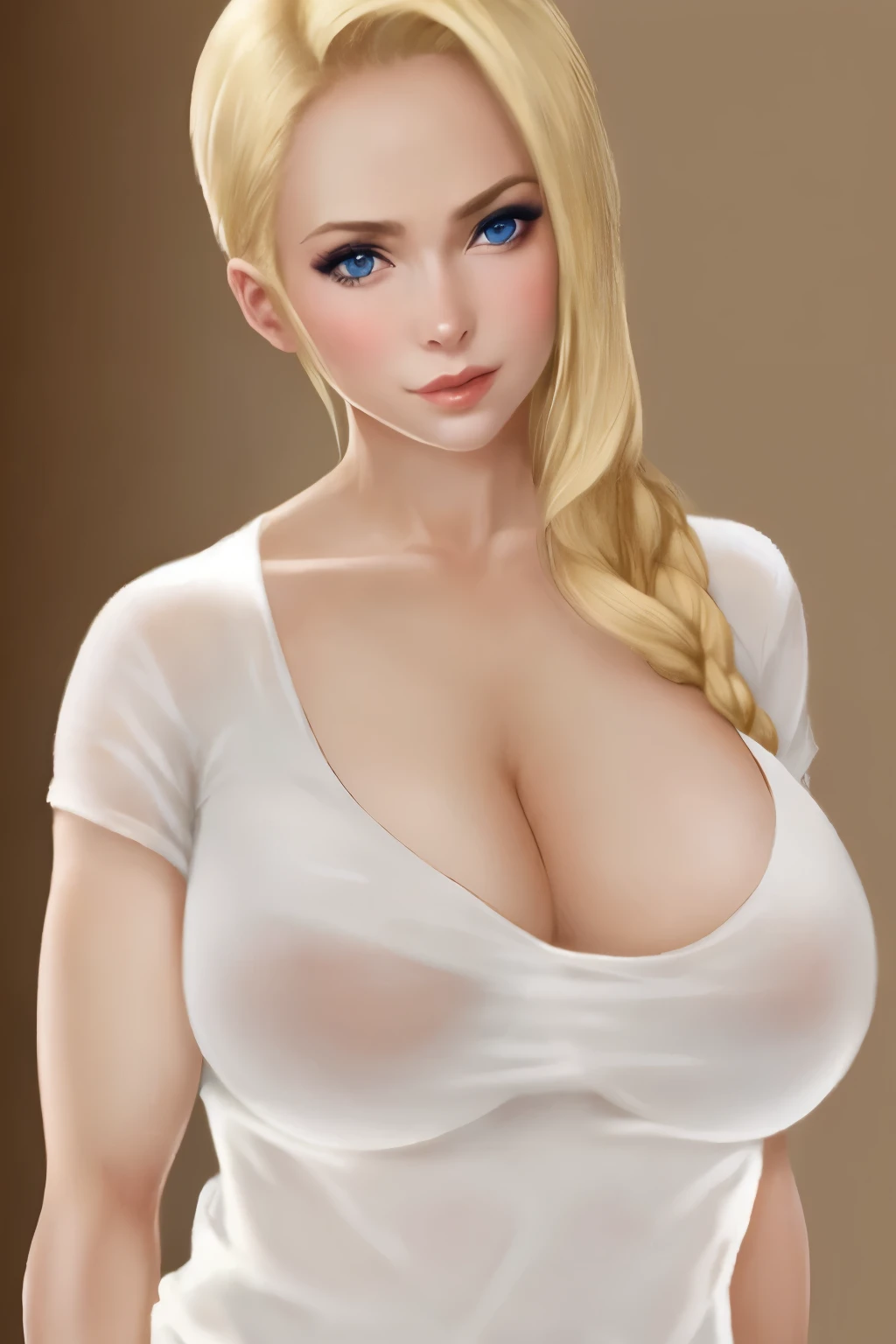 sexy blonde, 30 years old, top figure, big breasts, beautiful neckline in a sheer T-shirt, sexy