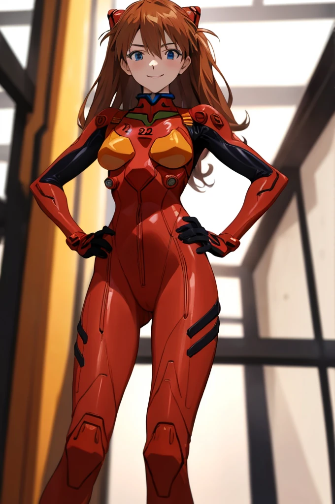 asuka, blue eyes, orange hair,cowboy shot, red bodysuits,plugsuits, hand on hip, from below,
(best quality, masterpiece, RAW photo,ultra-detailed:1.2), 1girl,solo,looking at viewer,smile,