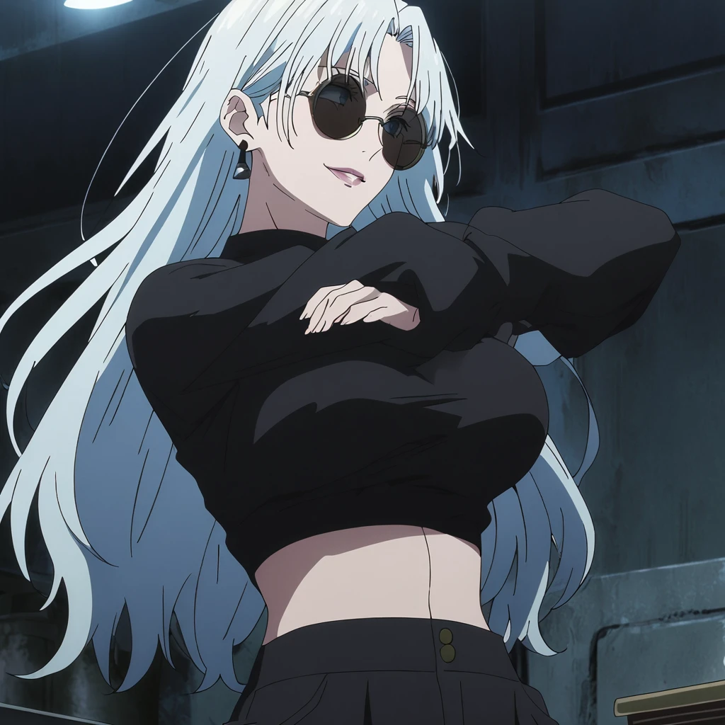1girl, female gojo satoru, anime screencap from jujutsu kaisen, gojo satoru female version, solo, long_hair, ((wearing round sunglasses over the head)) ((White_hair)), night view, (hanging breasts) ((cross arms)) upper_body, smile, indoors, book, lips, (long hair) ((wearing black colour crop top with full sleeves and black colour pant)) breast, "very detailed and high resolution" ((solo)) (((front view))) (earings) ((high resolution)) ((good quality)) ((silky hair)) ((cross arms))