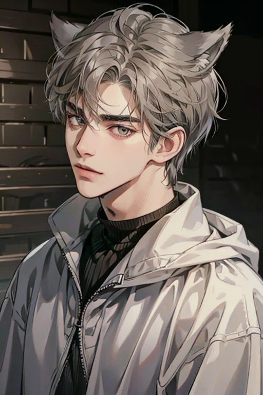 1male, sly, age 30 face, medium fully hair with bangs, grey hair, brown colored eyes, poor looking, black clothes, in a mansion, close up, wolf ears, wolf tail, baggy clothes