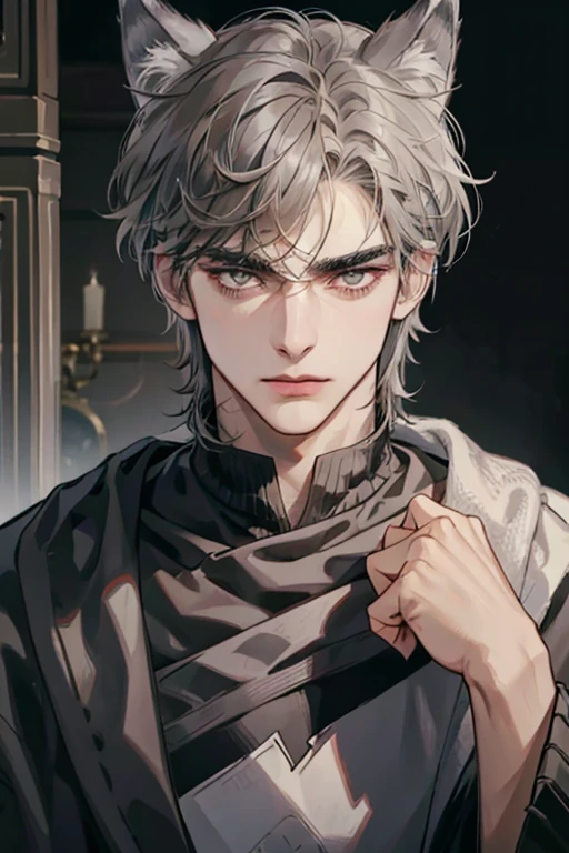 1male, sly, age 30 face, medium fully hair with bangs, grey hair, brown colored eyes, poor looking, black clothes, in a mansion, close up, wolf ears, wolf tail, baggy clothes