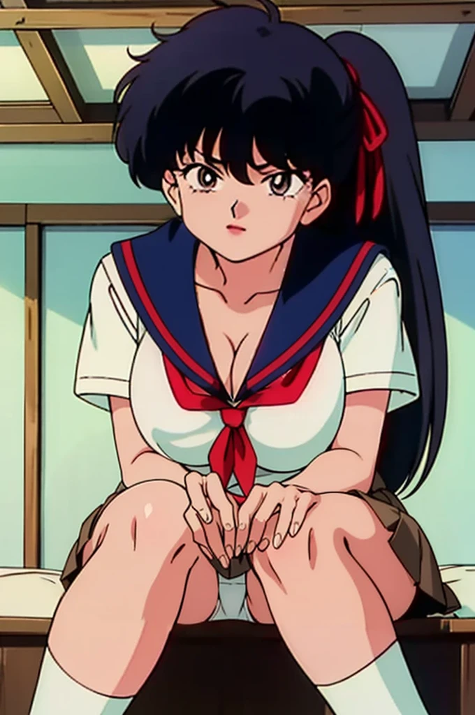 Highest quality, High resolution, 1990s \(style\), retro artstyle, 1990s anime cels style, Bedroom, kodachi kuno, Sitting with legs apart, Short-sleeved sailor suit, Brown sailor color, Brown pleated skirt, Red ribbon, Side Tail, (Dressed:1.3), Big Breasts、Cleavage、Open collar、Big thighs、White panties、Angle from below、Leaning forward and peering at me、White socks