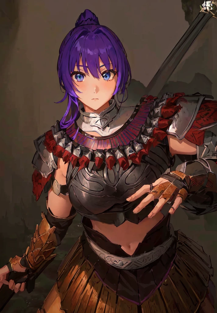 Wearing armor、Anime image of a woman holding a spear, Armor Girl, With scaly armor, Purple Armor, wearing monster hunter armor, A very beautiful berserker woman,Anime Art，Three Kingdoms志，Three Kingdoms。big boods，big ，huge ，sex body，Purple Hair，Blue Eyes，Black Leather，Brown skin，dark skin，