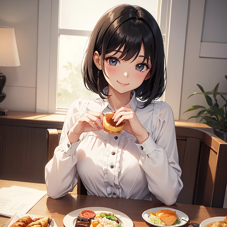 Only one female,G-Cup, A light smile, Delicate illustrations, super detailed,　Dress neatly　blouse　Black Hair 　Having lunch