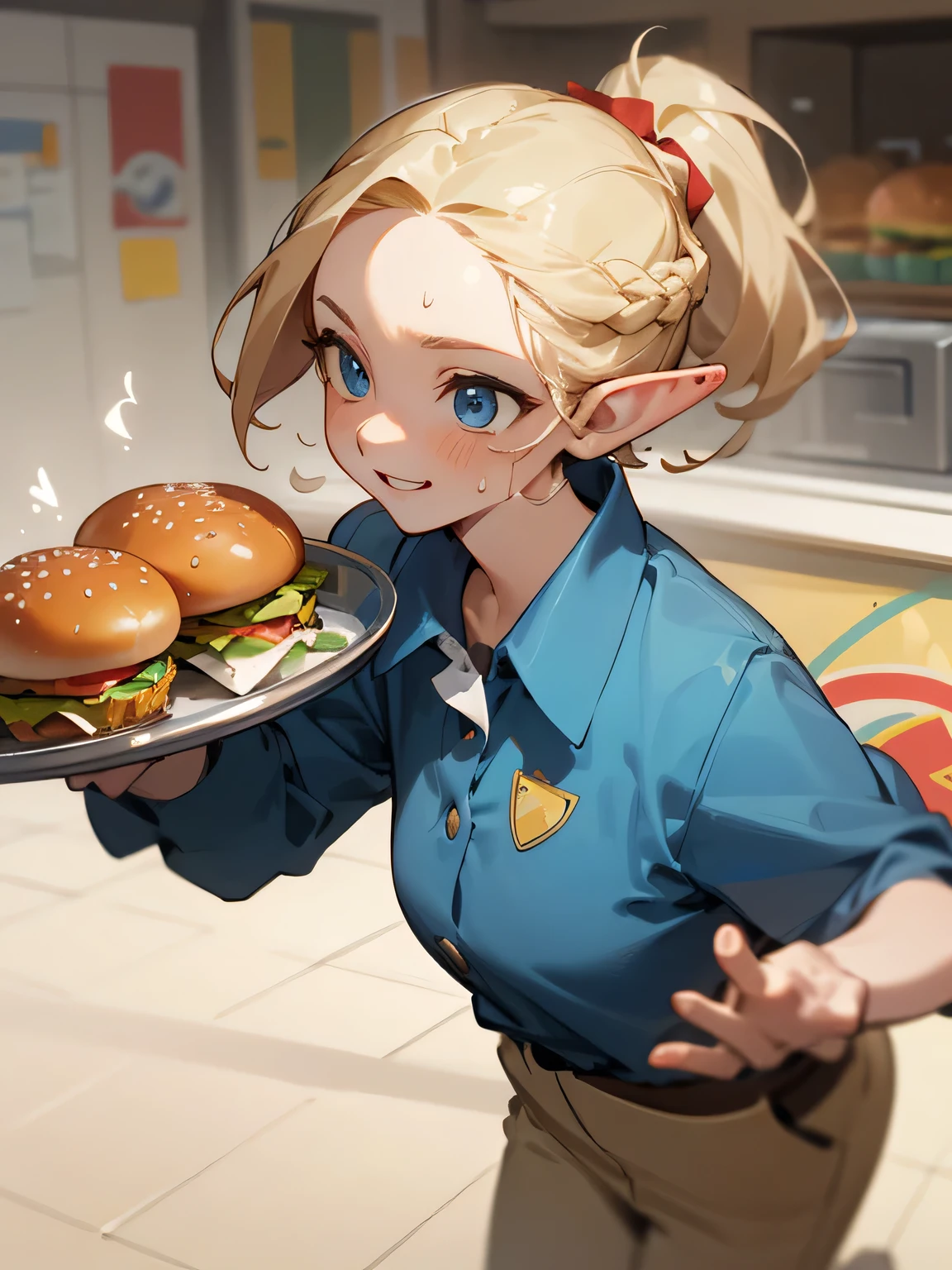 (masterpiece, best quality, super detailed, beautiful details eyes, Clean and delicate face),  1 female elven worker in hamburger shop, full body, (holding a tray with one hand, burger and fried and drink are on the tray), she is very busy and moving very fast in Mcdonalds shop, (Cartoon expression of moving fast), twitchy smile, sweat, Single Braided blonde pony tail, parted bangs, forehead, blue eyes, pointed ears, wearing Mcdonalds color uniform