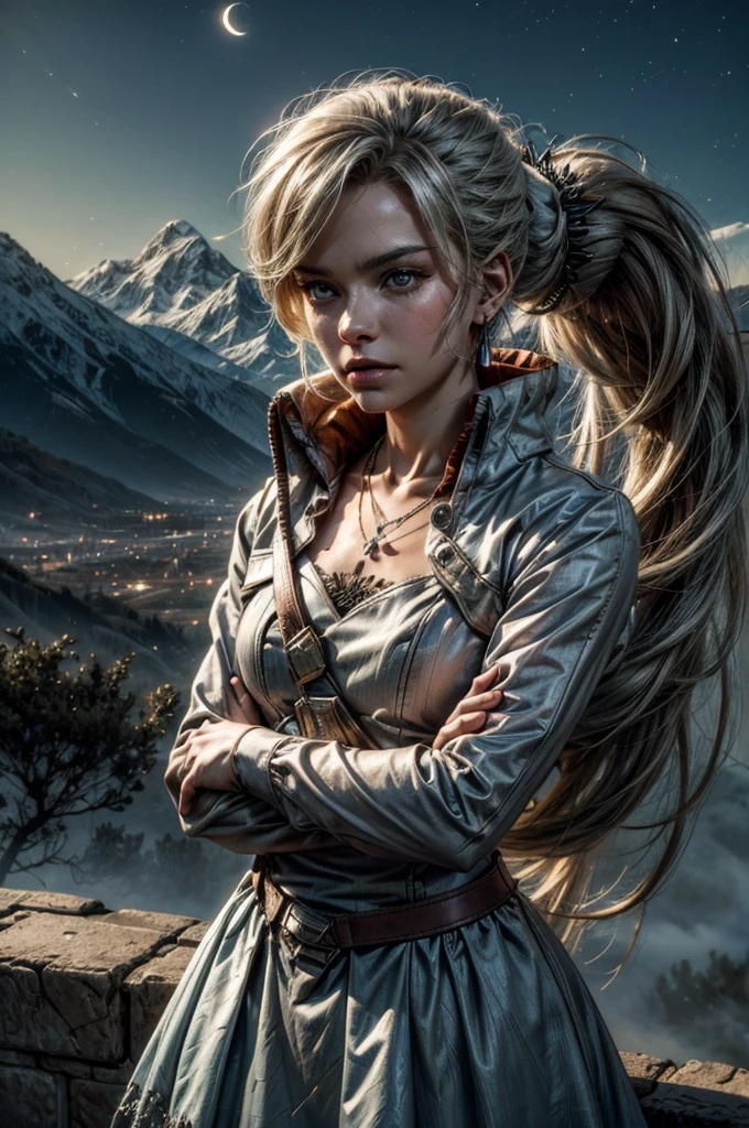 (masterpiece, best quality:1.2), cowboy shot, weissvale, expressionless, closed mouth, looking at viewer, crossed arms, ponytail, scar on eye, white dress, jewelry, necklace, earrings, standing with crowd in city ruins on hill, overlooking valley, BREAK night, stars, moon, snow, BREAK mountains in background, waterfall, vehicle wreck, , (crowd in military uniform), bonfires, post-apocalypse, dystopian future,
