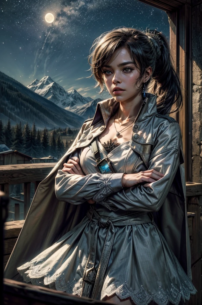 (masterpiece, best quality:1.2), cowboy shot, weissvale, expressionless, closed mouth, looking at viewer, crossed arms, ponytail, scar on eye, white dress, jewelry, necklace, earrings, standing with crowd in city ruins on hill, overlooking valley, BREAK night, stars, moon, snow, BREAK mountains in background, waterfall, vehicle wreck, , (crowd in military uniform), bonfires, post-apocalypse, dystopian future,