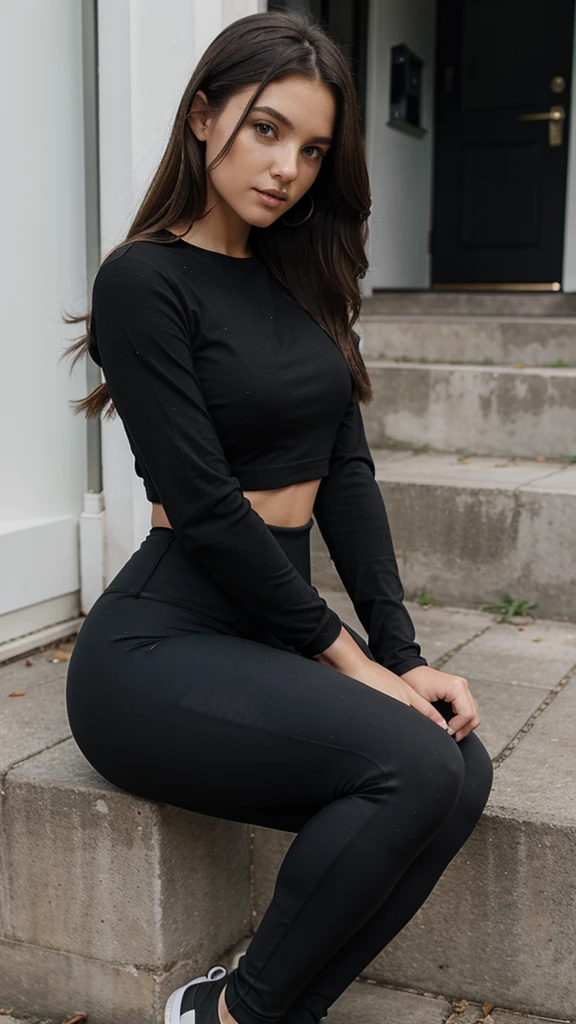 A  wearing black leggings sitting on the side