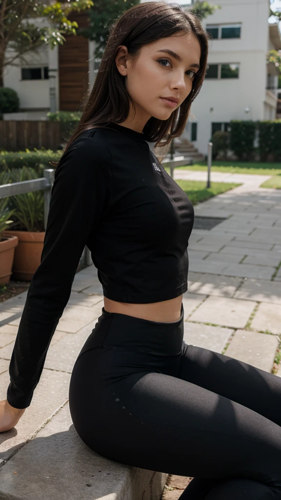 A  wearing black leggings sitting on the side